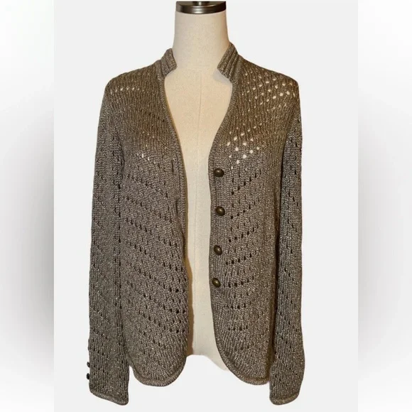 Chico’s Florence Caridigan Sweater Vanity Size 1 Gold Woven Mature Office Wear - Picture 1 of 8